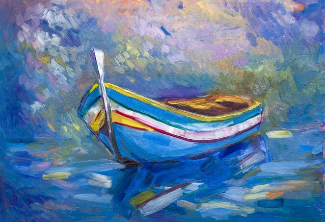 Original abstract oil painting of boats and sea on canvas